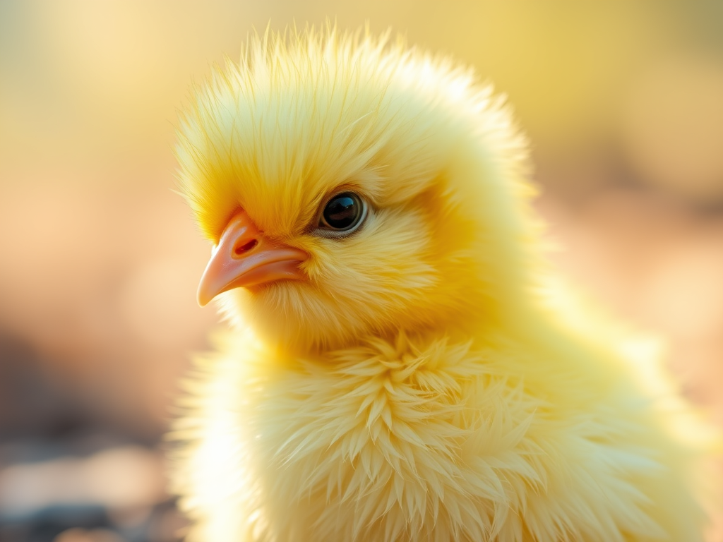 Close-up of a fluffy yellow chick with bright eyes and a soft texture, set against a blurred background.